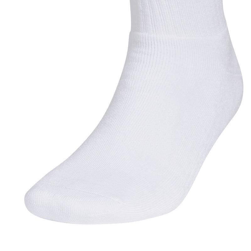 White crew sock with ribbed knit and smooth toe, close-up view