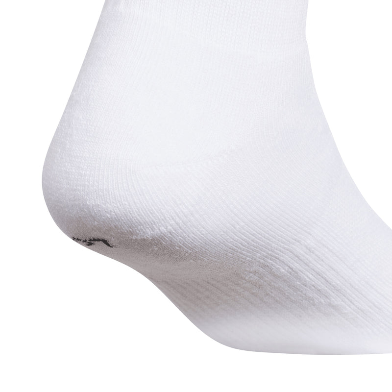 White crew sock close-up of toe and heel area, ribbed knit texture