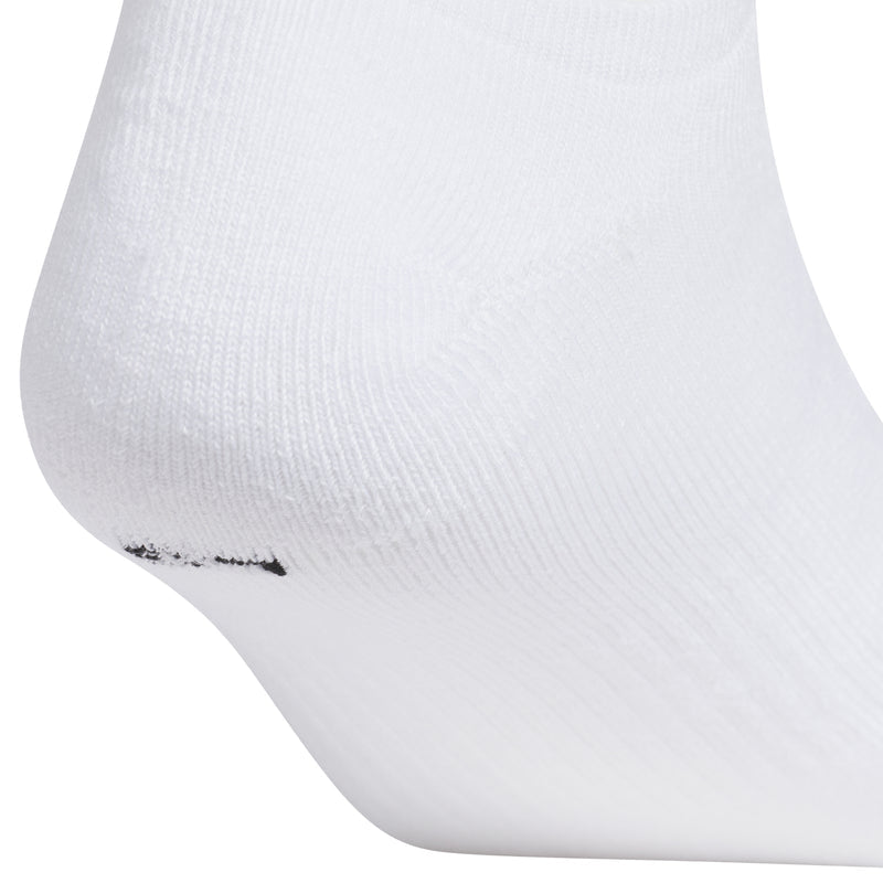White no-show sock toe close-up with ribbed knit and small dark spot