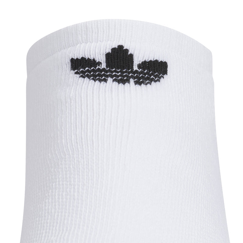 White no-show sock cuff with black trefoil logo