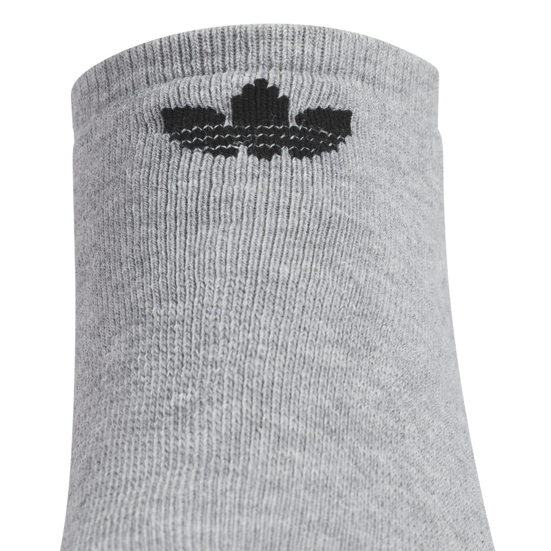 Heather gray no-show sock cuff with black trefoil logo