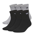 6-pack quarter crew socks in heather grey and black with small Trefoil logos