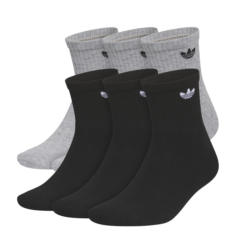 6-pack quarter crew socks in heather grey and black with small Trefoil logos