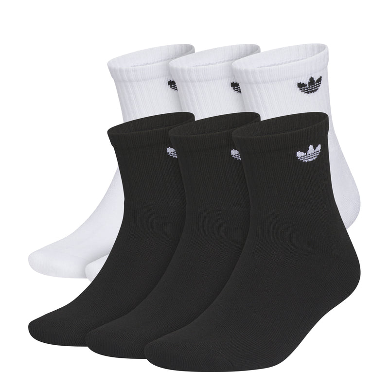 Pack of quarter crew socks, ribbed knit, white and black with small trefoil logos