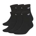6-pack black quarter crew socks with small white Trefoil logos, ribbed knit