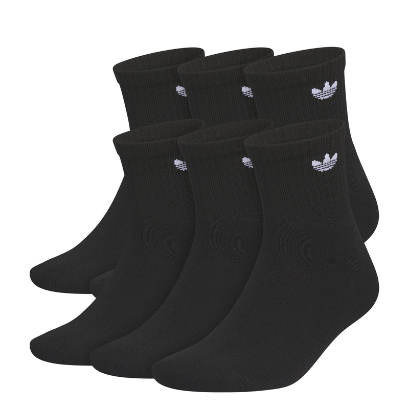 6-pack black quarter crew socks with small white Trefoil logos, ribbed knit