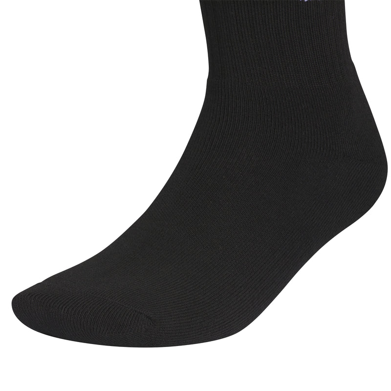 Black quarter crew sock with ribbed knit texture and wide elastic cuff