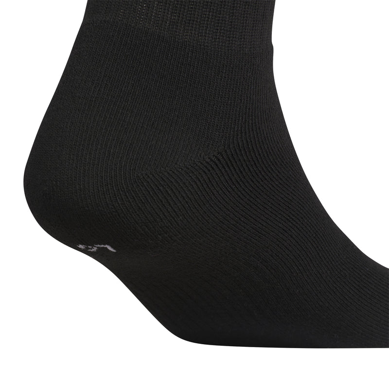 Black quarter crew sock close-up with ribbed knit and small white Trefoil mark