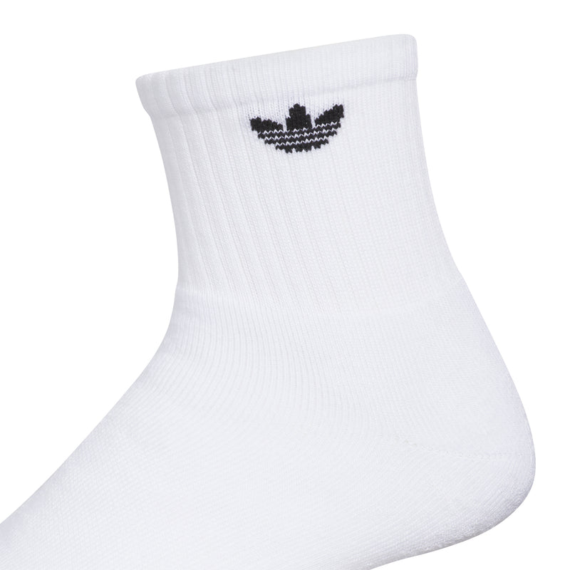 White quarter crew sock with black trefoil logo on the cuff
