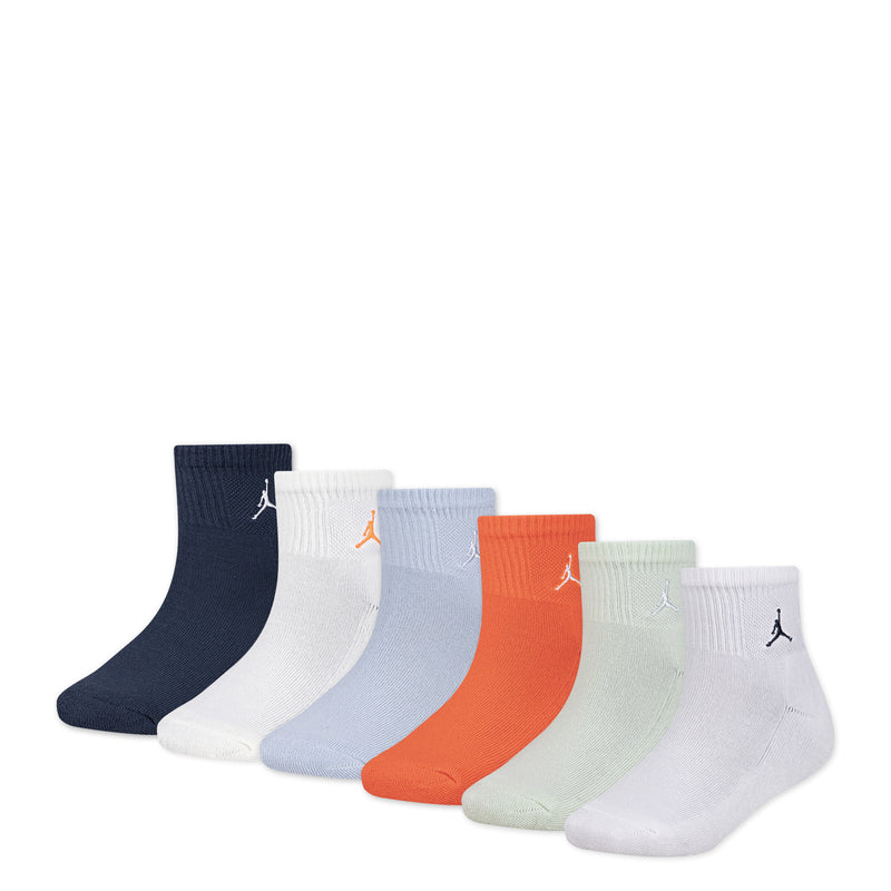 6-pack quarter socks in navy, white, light blue, orange, sage green; Jordan logos.