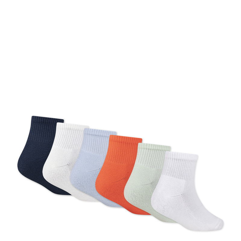 6-pack quarter socks set: navy, white, light blue, orange, sage green, with Jordan logos.