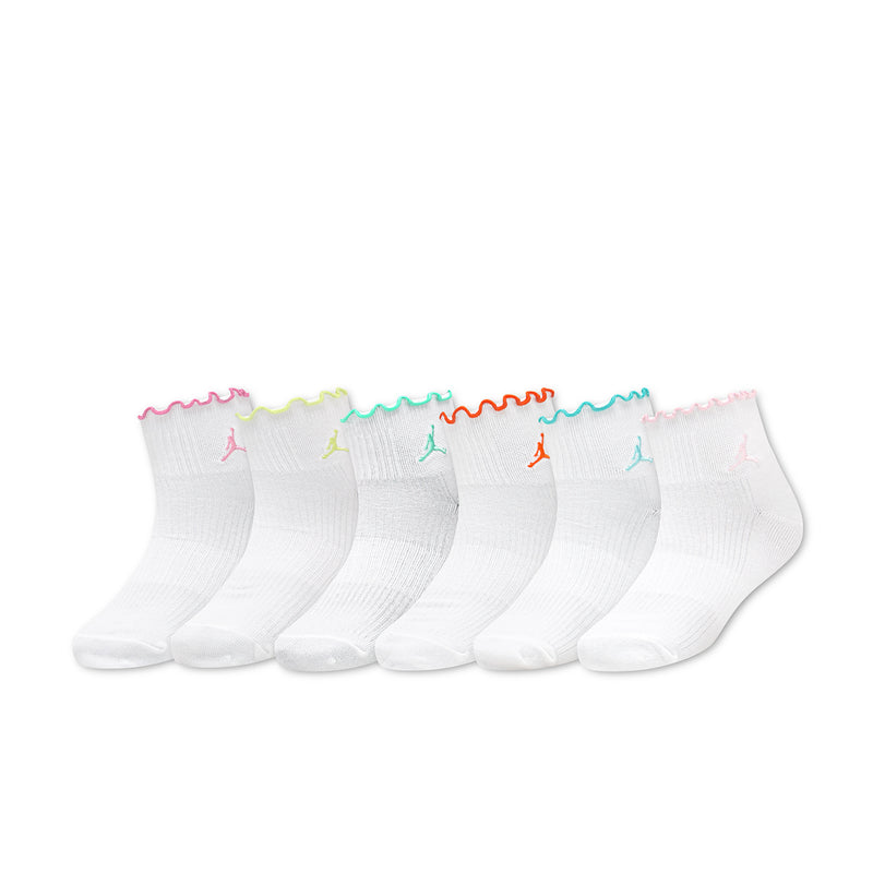 6-pack white ankle socks with multicolor Jordan logo and lettuce edge cuffs
