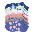 6-pack medium no-show socks with blue, green, pink, and gray animal prints