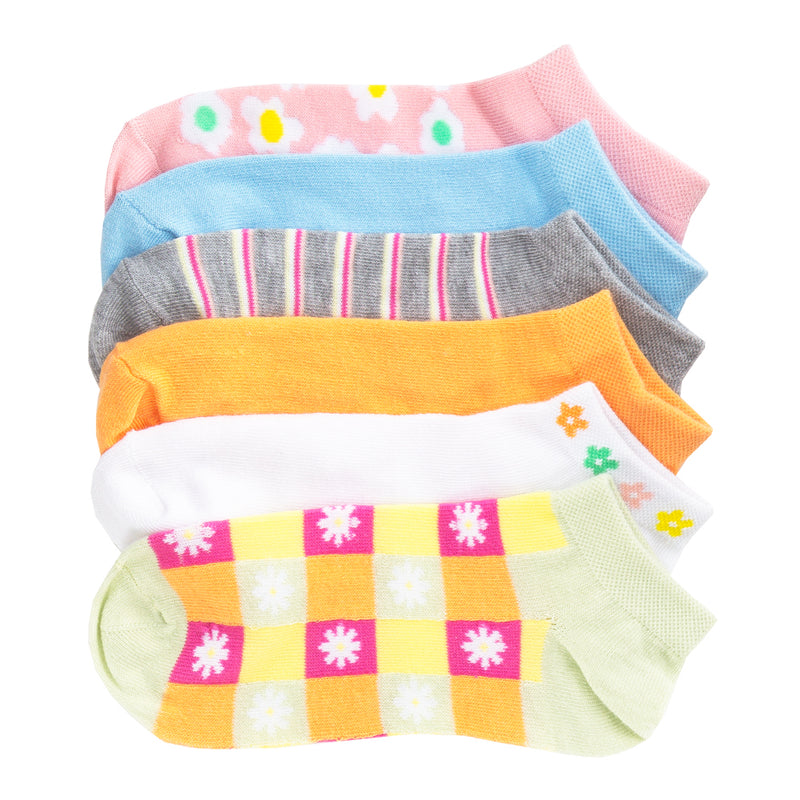 6-pack no-show socks, pastel prints: daisies, stripes, checks, and solid trim