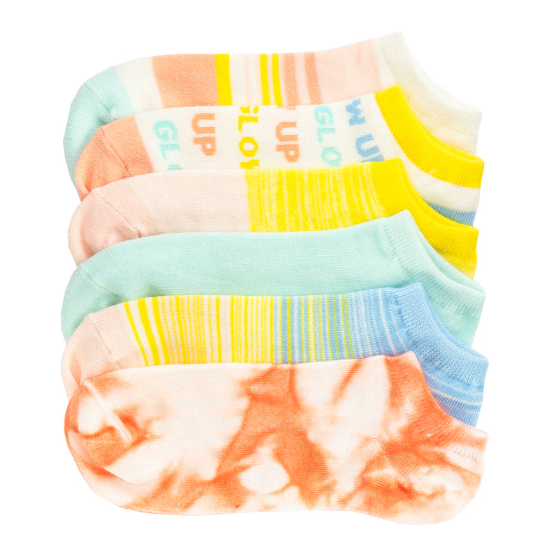 6-pack medium no-show socks, pastel teal yellow peach and pink with striped accents
