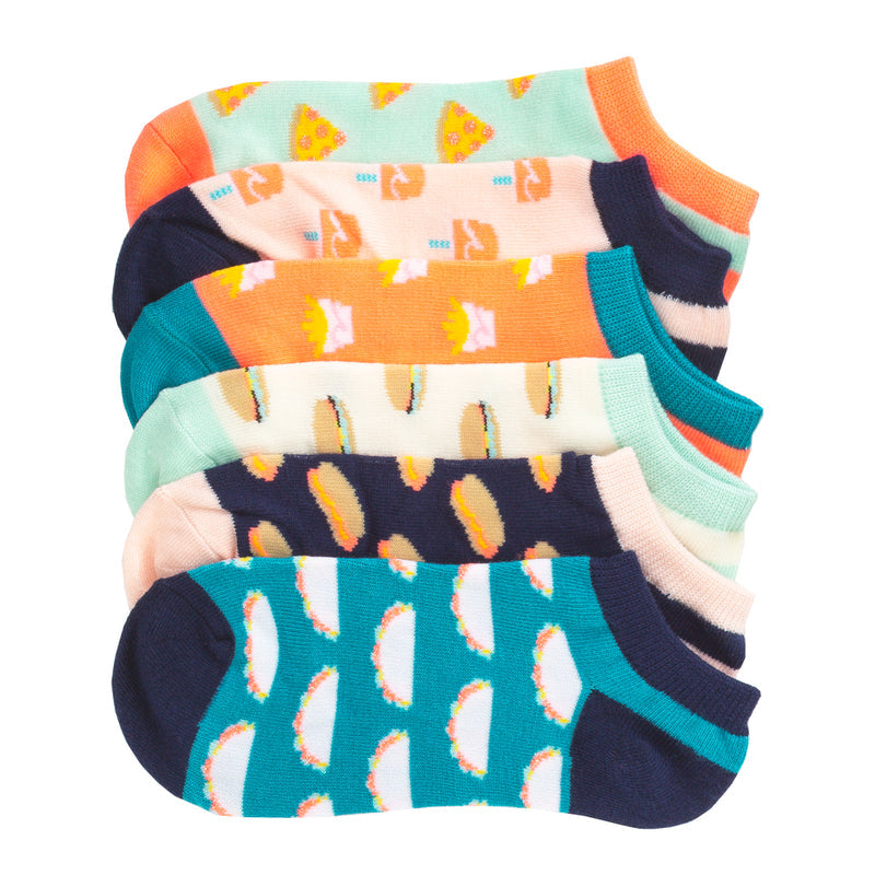 6-pack medium no-show socks with colorful hearts, stripes, and rainbows