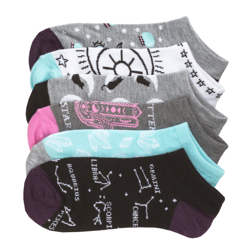 6-pack no-show socks with astrology prints in gray, teal, purple, pink, dark