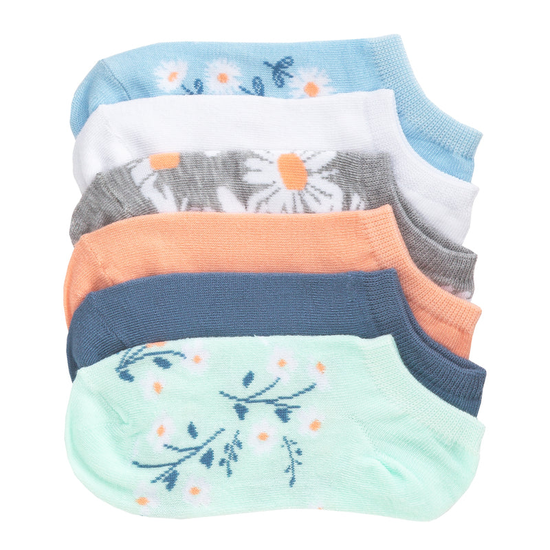 Pack of pastel no-show ankle socks with floral and solid accents, medium