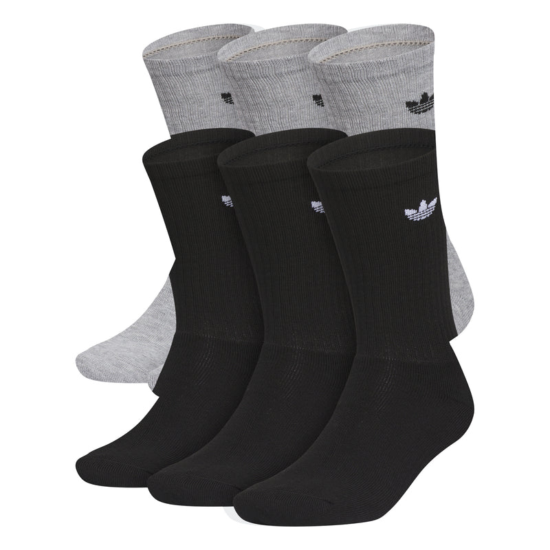 6-pack crew socks in heather grey and black with trefoil logos