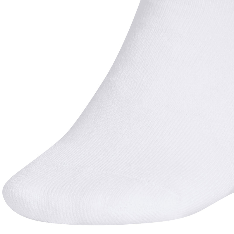 White crew sock with ribbed texture, smooth toe, and Trefoil logo at side