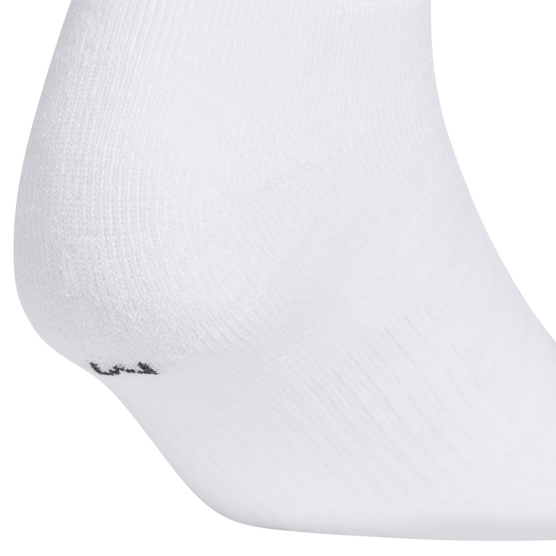 White crew sock close-up of heel and toe with small Trefoil logo