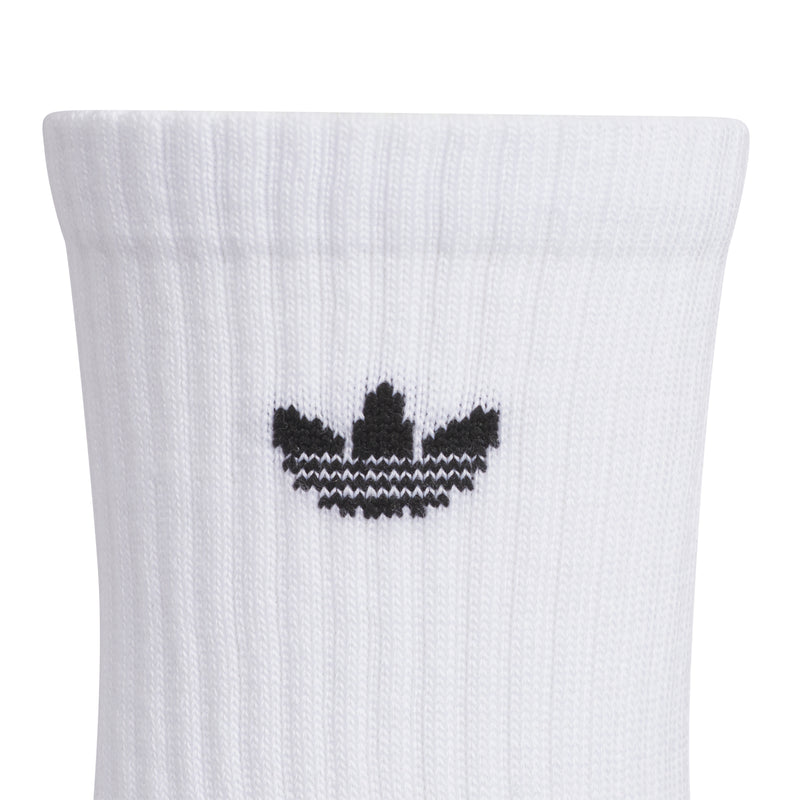 White crew sock cuff with black Trefoil emblem on ribbed knit