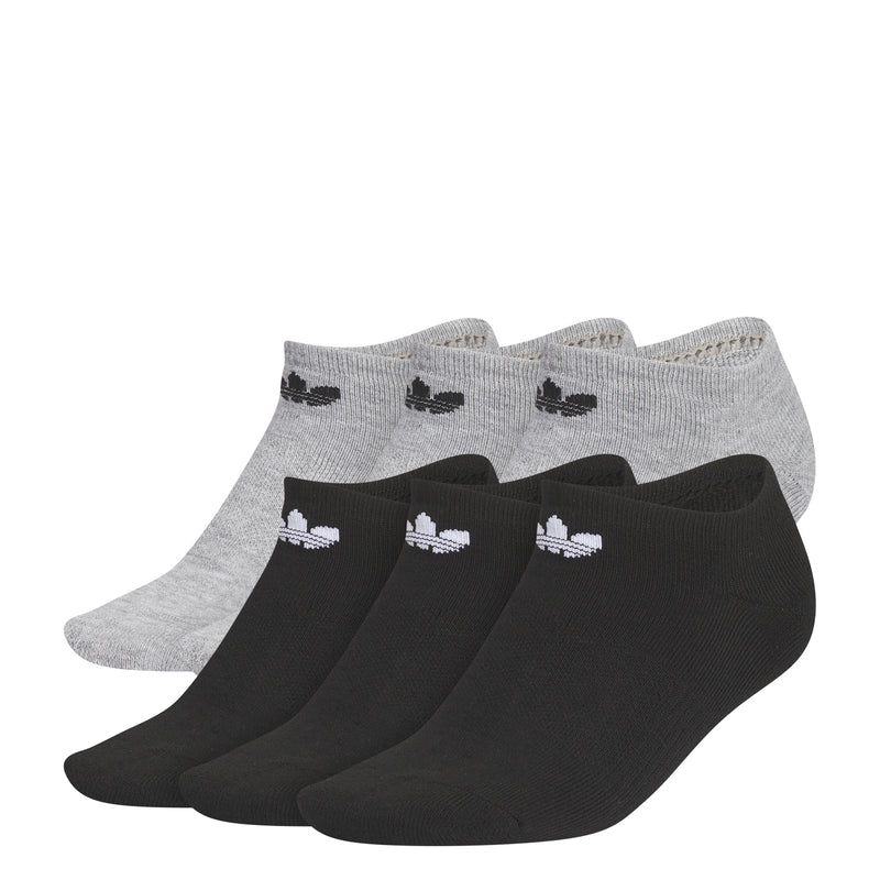 6-pack heather grey and black no-show socks with small trefoil logos