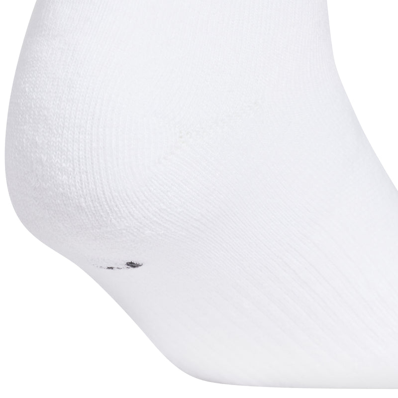 White no-show sock close-up on toe and knit texture with small Trefoil mark