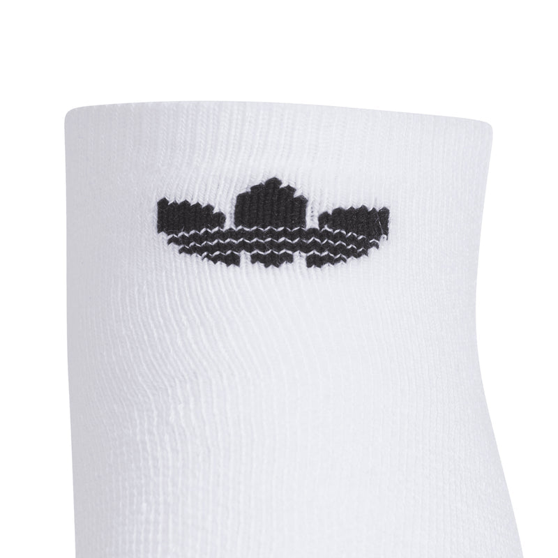 White no-show socks with black Trefoil logo band, close-up cuff