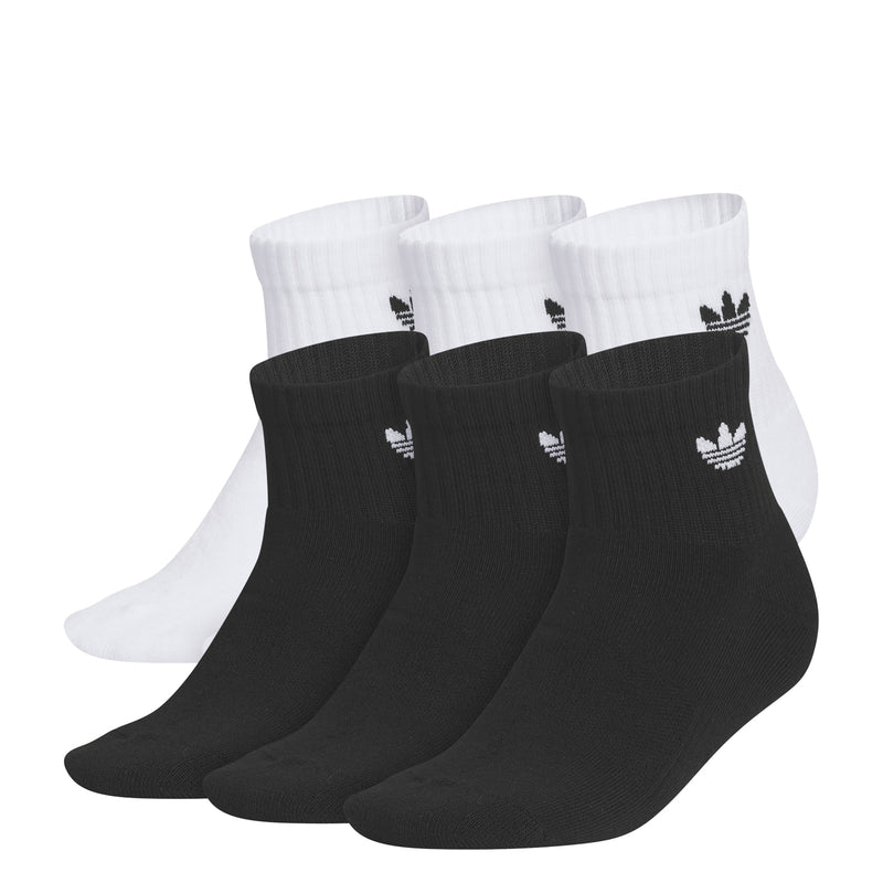 Quarter socks 6-pack, white and black with ribbed cuffs and trefoil logos