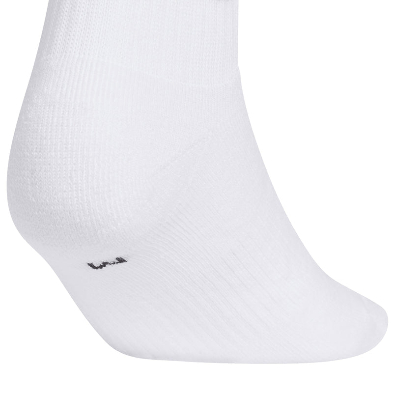 White quarter sock with small black trefoil logo near ankle