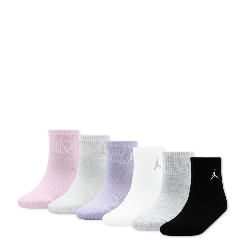 Six-pack quarter socks in pink, light gray, lavender, white, gray, and black