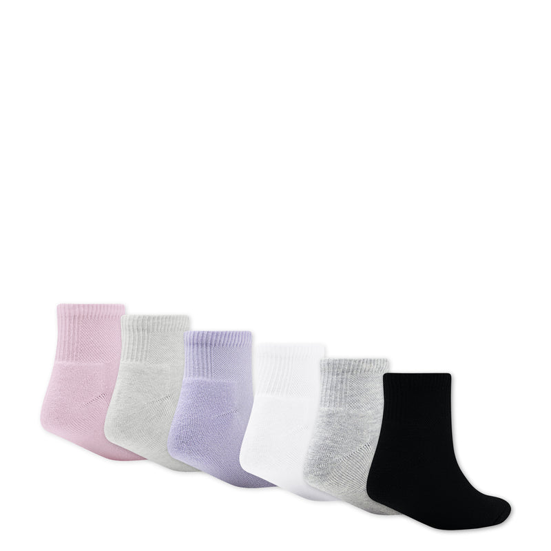 Six-pack quarter socks, angled view, pink, light gray, lavender, white, gray, black