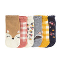 Six-pack small no-show socks, assorted fox, plaid, floral, and stripe patterns
