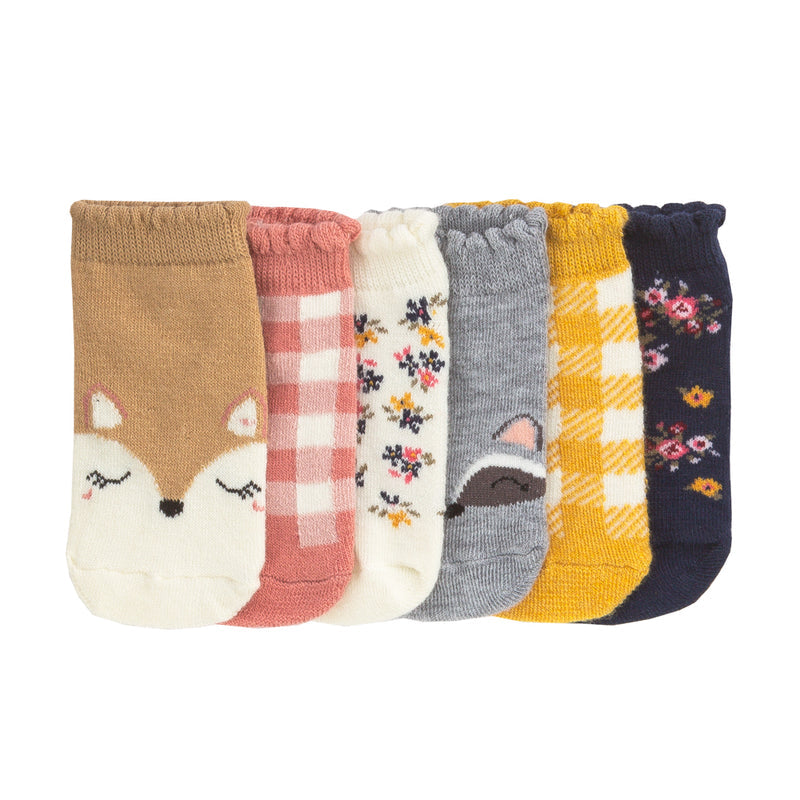 Six-pack small no-show socks, assorted fox, plaid, floral, and stripe patterns