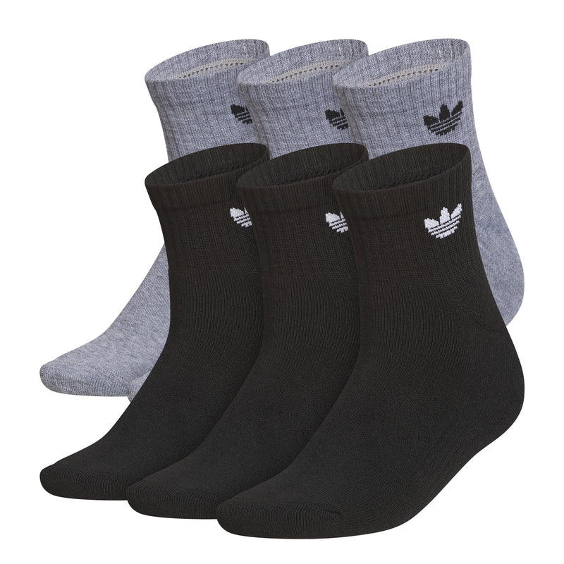 6-pack heather grey and black quarter crew socks with trefoil logos