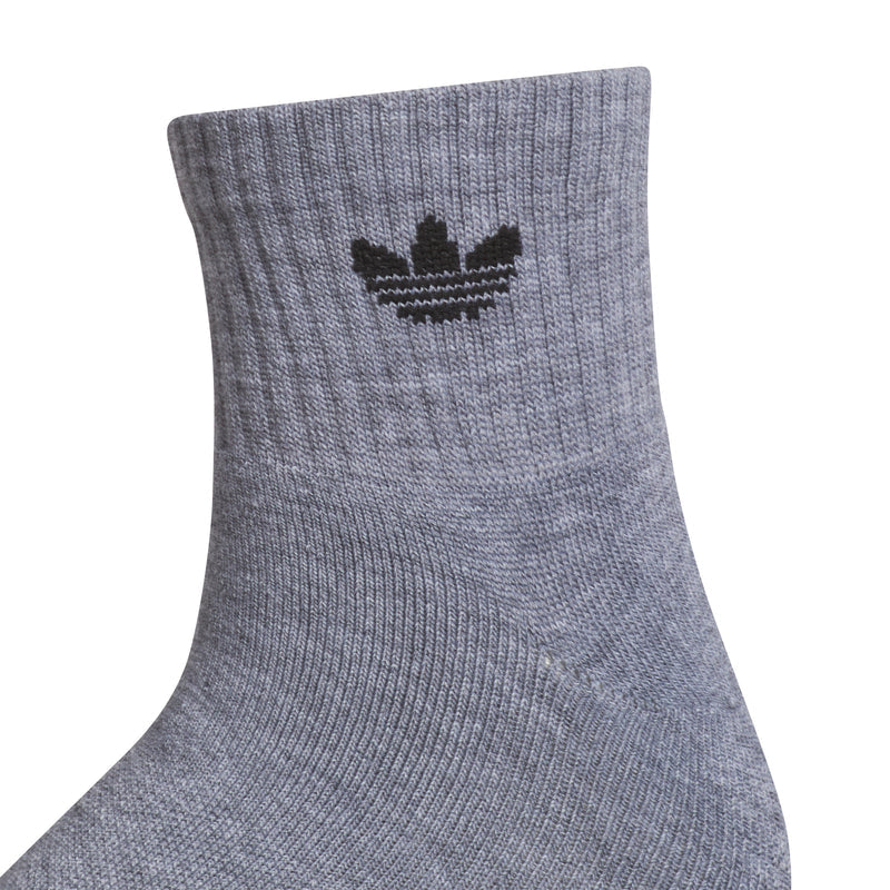 Heather grey quarter crew sock cuff with trefoil logo knit