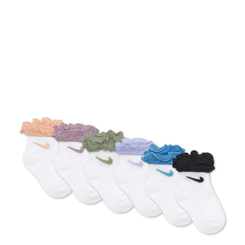 Toddler ruffle socks 6-pack with Nike swooshes, white with coral, lilac, sage, light blue, black