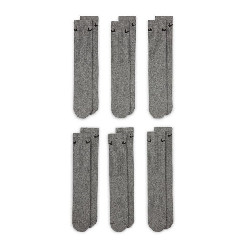 6-pack heather gray crew socks with black Nike swoosh, cushioned ankle