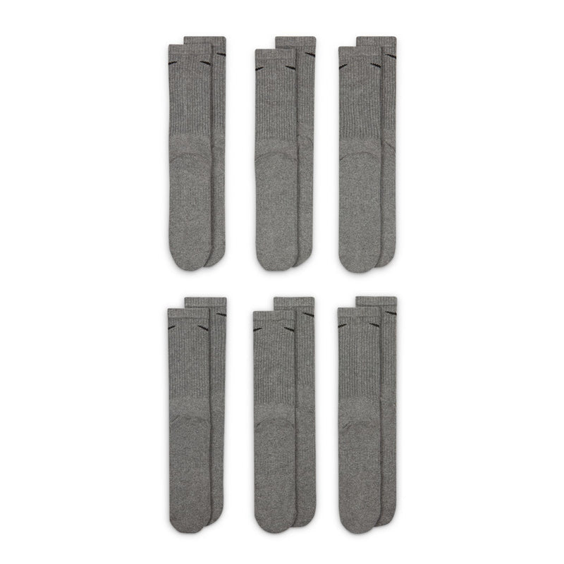 6-pack dark heather crew socks with black Nike swoosh, cushioned ankle