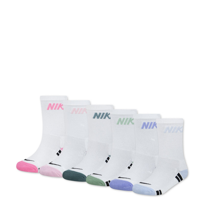 6-pack white crew socks with multicolor stripes and Nike branding at cuff