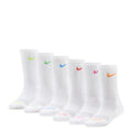 6-pack x-small dri-fit crew socks, white with multi-color swoosh logos