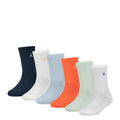 6-pack x-small crew socks in navy, white, light blue, orange, and green, Jordan logo