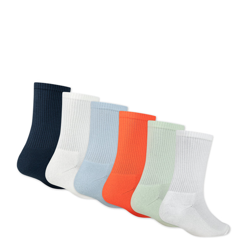 6-pack x-small crew socks lined up: navy, white, light blue, orange, green, Jordan logo