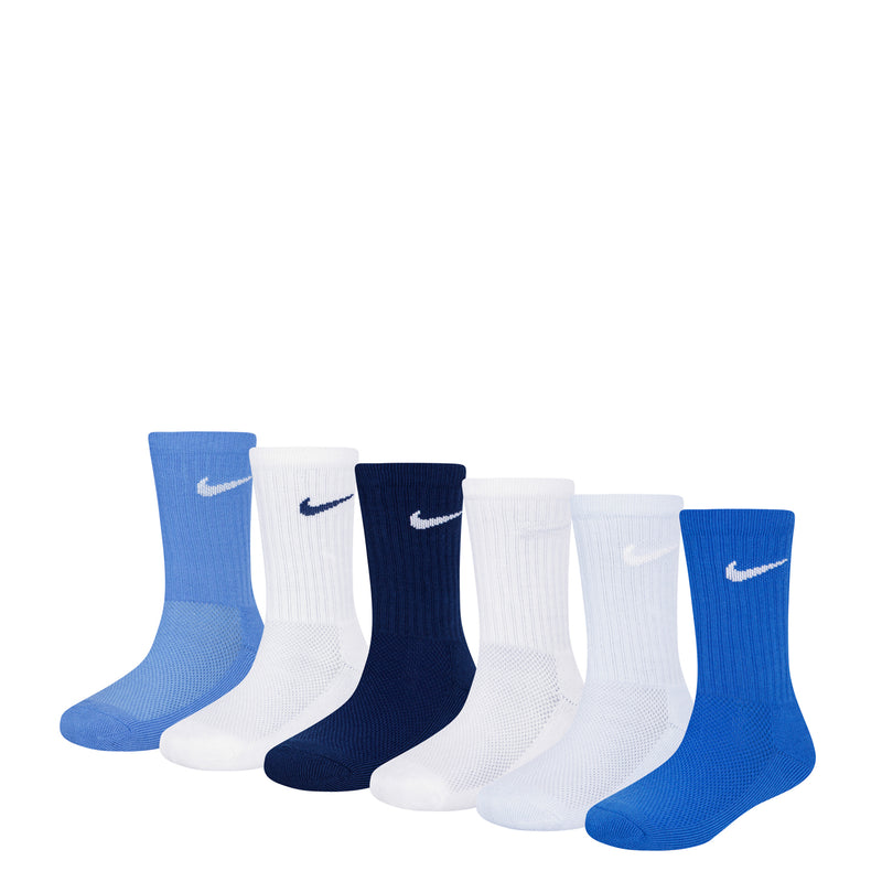 6-pack x-small crew socks in blue/white with Nike swoosh, ribbed knit cuffs