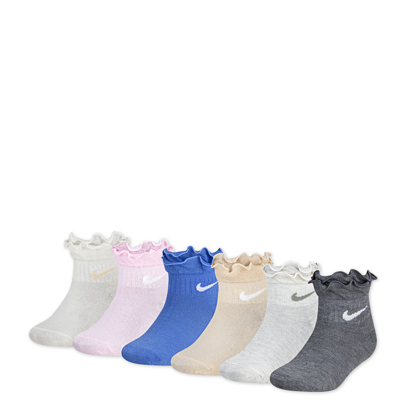6-pack ruffle ankle socks: sail, pink, purple, blue, beige, dark gray