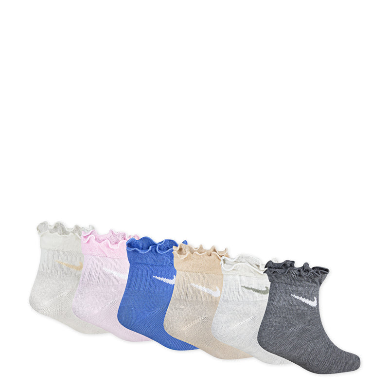 Set of 6 ruffle ankle socks with Nike swoosh in sail, pink, purple, blue, beige, dark gray