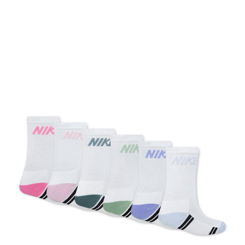6-pack XXS crew socks, white with pink, green, blue toes and NIKE logo
