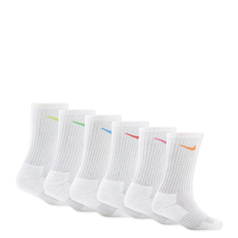 Pack of 6 white crew socks with assorted green blue red pink orange Swooshes