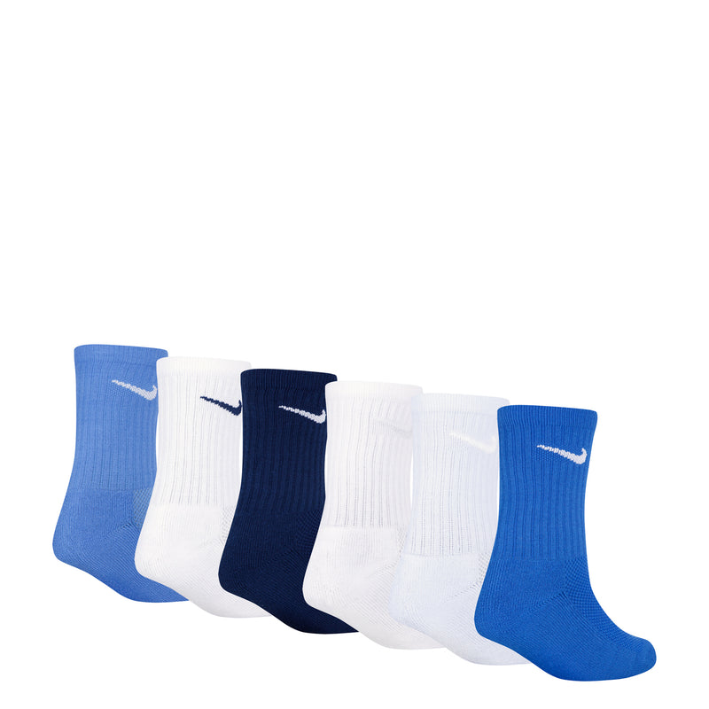 6-pack kids crew socks with light blue, white, and navy tones and white Nike swooshes